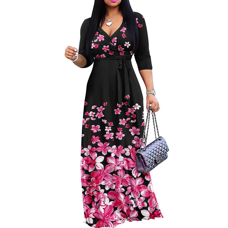 FANDEE Plus Size Maxi Dress for Women Casual Summer Sundress V-Neck 3/4 Sleeve(Broken Flowers,XX-Large) - Image 1