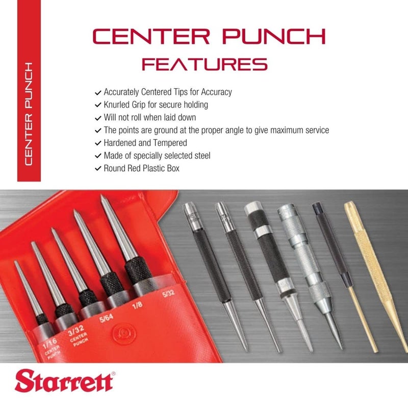 Starrett Steel Center Punch with Square Shank Set and Knurled Finger Grip - Hardened and Tempered, 7-Piece Kit for Accurate Marking and Easy Handling - S264WB - Image 2