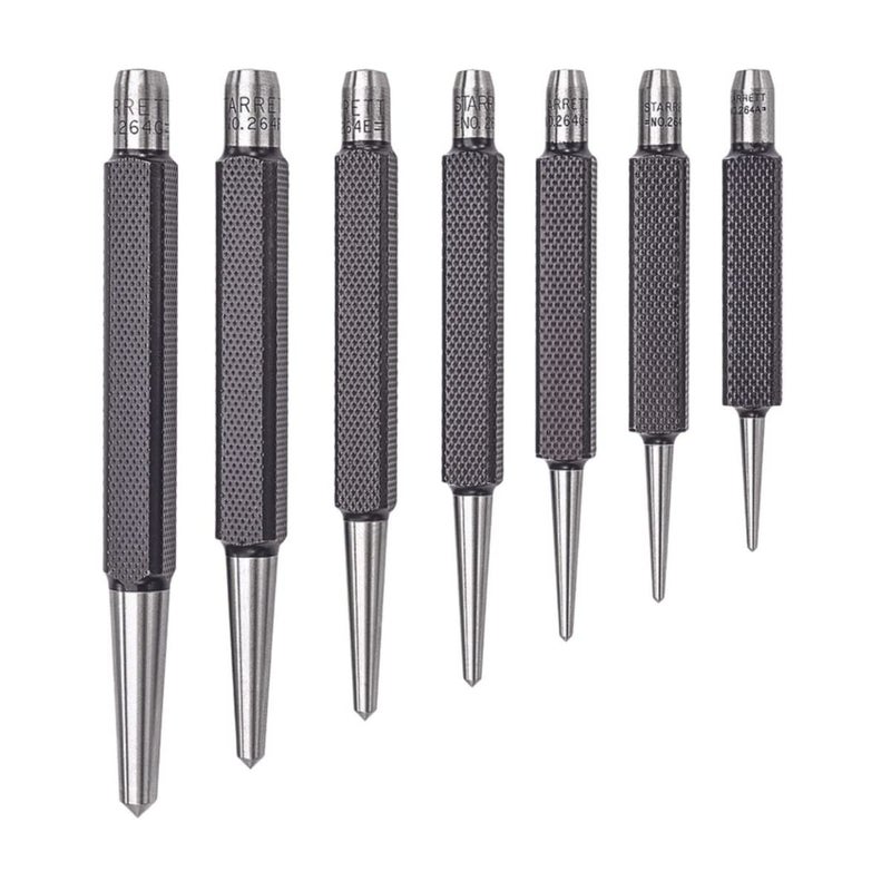 Starrett Steel Center Punch with Square Shank Set and Knurled Finger Grip - Hardened and Tempered, 7-Piece Kit for Accurate Marking and Easy Handling - S264WB - Image 1