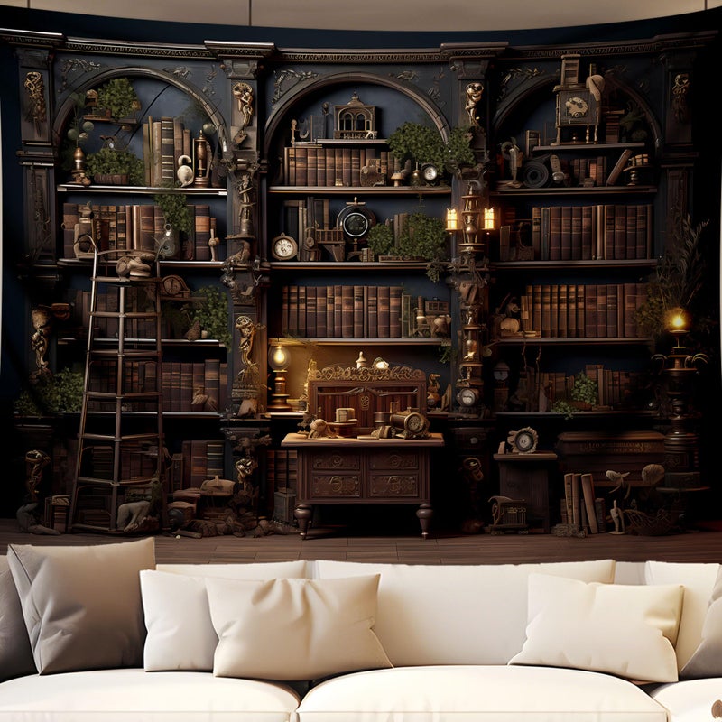 QGHOT Medieval Bookshelf Tapestry Vintage Bookcase Library Backdrop Old Books Dark Academia Large Tapestries Wall Hanging for Bedroom Living Room Office Zoom Background 78.7L x 104W - Image 1
