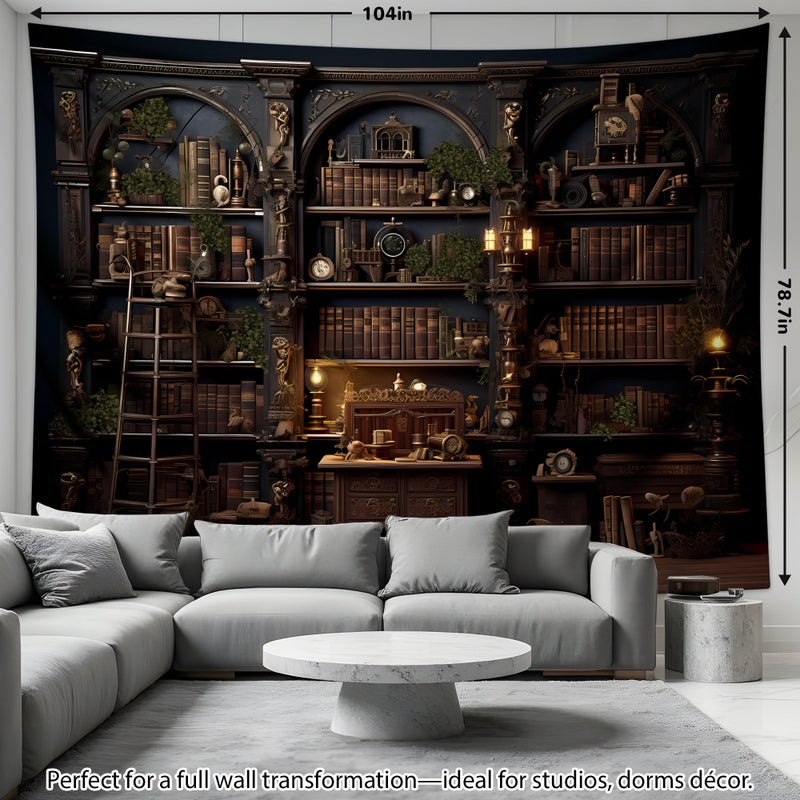 QGHOT Medieval Bookshelf Tapestry Vintage Bookcase Library Backdrop Old Books Dark Academia Large Tapestries Wall Hanging for Bedroom Living Room Office Zoom Background 78.7L x 104W - Image 5