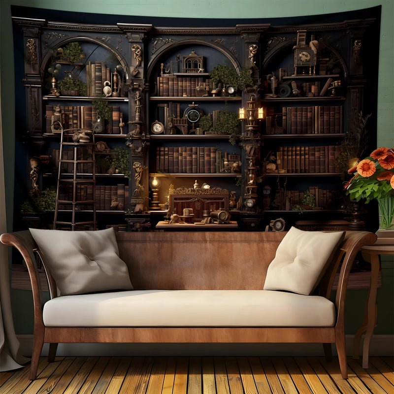 QGHOT Medieval Bookshelf Tapestry Vintage Bookcase Library Backdrop Old Books Dark Academia Large Tapestries Wall Hanging for Bedroom Living Room Office Zoom Background 78.7L x 104W - Image 4