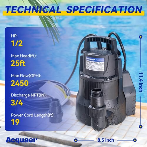 Acquaer 1/2 HP Automatic Sump Pump, 2450 GPH Submersible Water Pump with 3/4”Garden Hose Check Valve Adapter and 19ft Cord, Thermoplastic Utility Transfer Pump for Flooded Basement Pools Tub Draining - Image 2