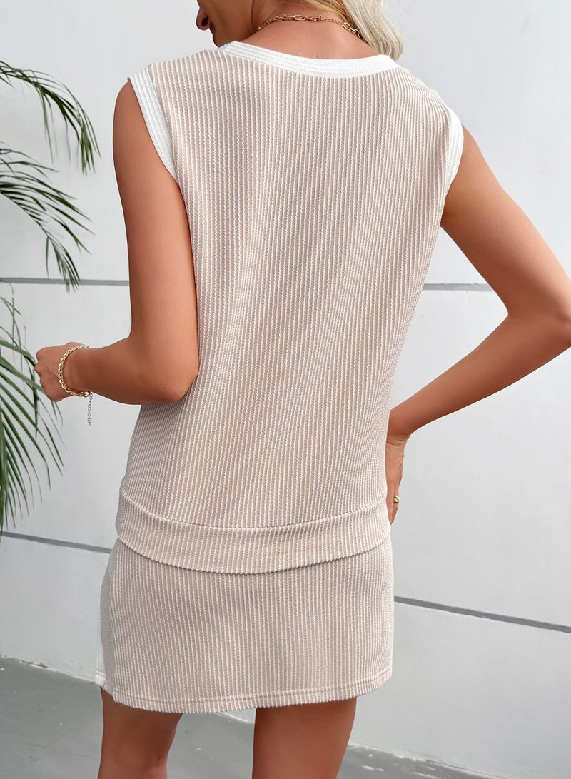 EVALESS 2 Piece Sets for Women Summer Matching Athletic Lounge Outfits Ribbed Knit Tank Top and Elastic Waist Split Lined Skirt 2026 Trendy Womens Cozy Going Out Clothes Plus Size Khaki XX-Large - Image 2