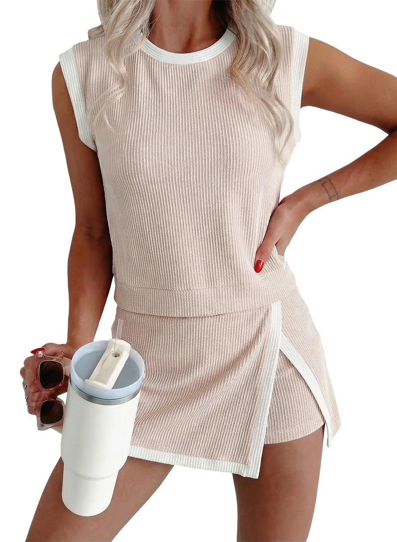 EVALESS 2 Piece Sets for Women Summer Matching Athletic Lounge Outfits Ribbed Knit Tank Top and Elastic Waist Split Lined Skirt 2026 Trendy Womens Cozy Going Out Clothes Plus Size Khaki XX-Large - Image 1