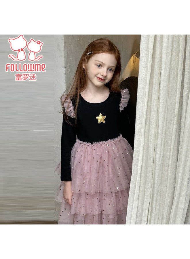 Fuluomi Girls' Dress, Spring And Autumn New Style, Little Girl Stylish Tulle Princess Dress, Children'S Dress, Black/Pink, 140