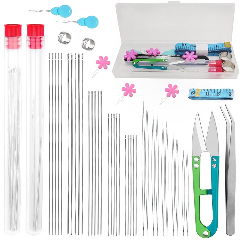 TecoKart 43 Pcs Beading Needles Set 5 Sizes Big Eye Bead Needles and Beading Needles with Needle Bottle Tweezers Yarn Scissor Thimble Soft Tape Threaders for Bracelets Necklace Jewelry Making