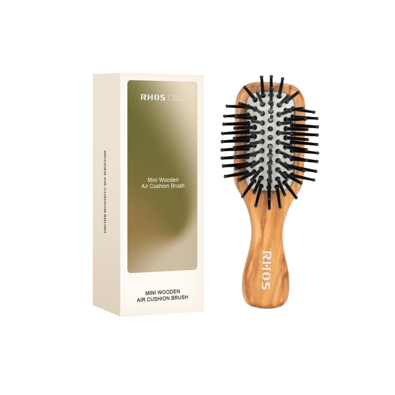 RHOS Mini Hair Brush for Women,Men and Kids-Travel Size Hair Brush for Purse,Pocket,backpack-Small Cushion Paddle Brush with Soft Bristles-Mini Detangler Brush for All Hair Types(1 Pack-Olive Wood) - Image 1