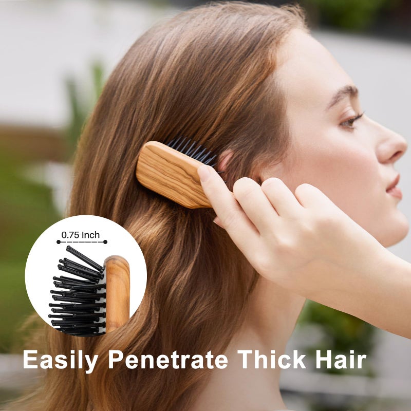 RHOS Mini Hair Brush for Women,Men and Kids-Travel Size Hair Brush for Purse,Pocket,backpack-Small Cushion Paddle Brush with Soft Bristles-Mini Detangler Brush for All Hair Types(1 Pack-Olive Wood) - Image 5