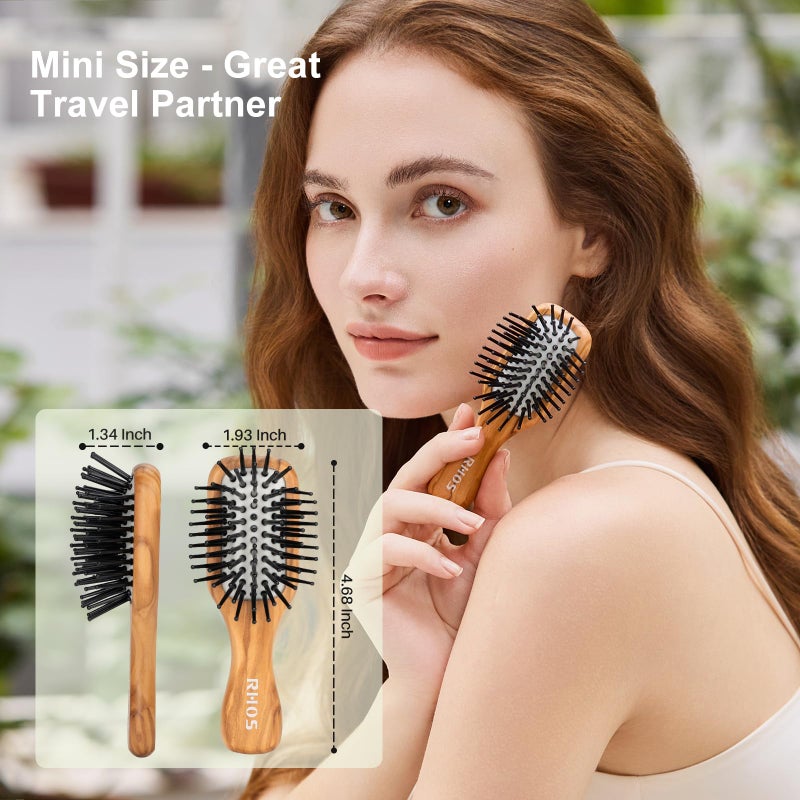 RHOS Mini Hair Brush for Women,Men and Kids-Travel Size Hair Brush for Purse,Pocket,backpack-Small Cushion Paddle Brush with Soft Bristles-Mini Detangler Brush for All Hair Types(1 Pack-Olive Wood) - Image 2