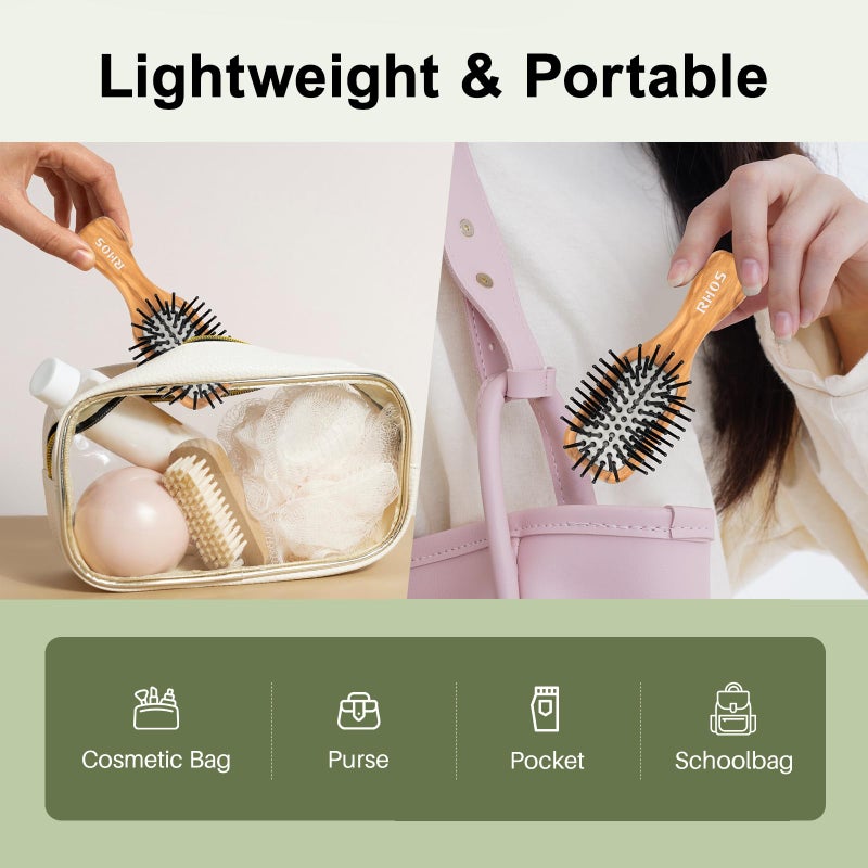 RHOS Mini Hair Brush for Women,Men and Kids-Travel Size Hair Brush for Purse,Pocket,backpack-Small Cushion Paddle Brush with Soft Bristles-Mini Detangler Brush for All Hair Types(1 Pack-Olive Wood) - Image 3