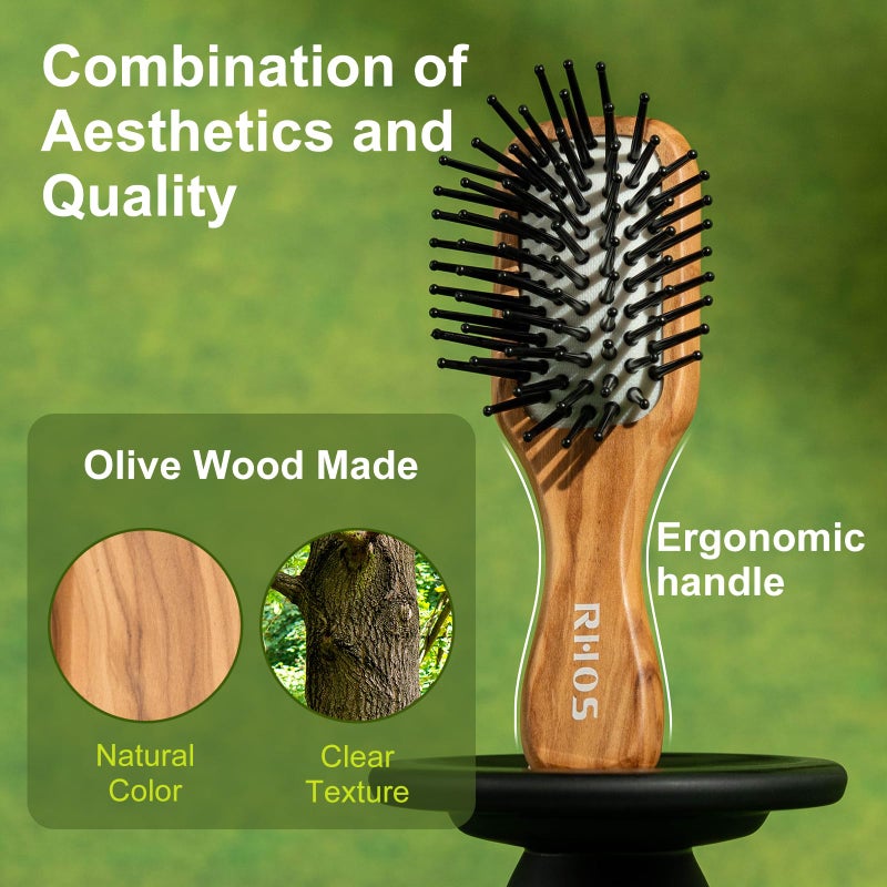 RHOS Mini Hair Brush for Women,Men and Kids-Travel Size Hair Brush for Purse,Pocket,backpack-Small Cushion Paddle Brush with Soft Bristles-Mini Detangler Brush for All Hair Types(1 Pack-Olive Wood) - Image 4