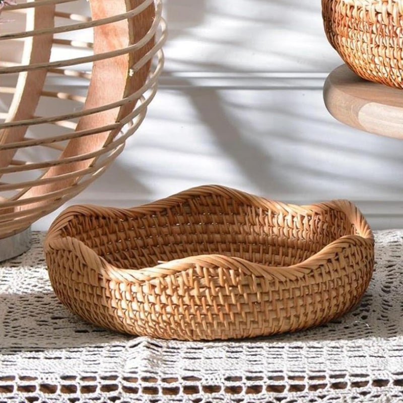 3Pcs Rattan Bread Serving Basket Fruit Tray Kitchen Storage Decor Retro Style - Image 5