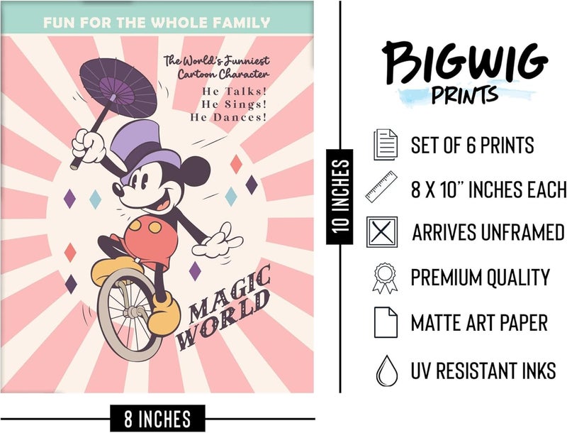 BigWig Prints فن ميكي ماوس من - ديكور جداري، ديكور غرفة ميكي ماوس للأطفال، أعمال فنية لأفلام كلاسيكية، فن جداري للحضانة، مجموعة كلاسيكية - مجموعة غير مؤطرة من 6 قطع (8x10 بوصة) - Image 2