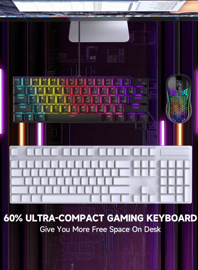 UCHUANG 60% Gaming Keyboard Red Switch and Mouse Combo, Ultra-Compact 61-Key RGB Backlit Mini Keyboard, Lightweight 7200 DPI Honeycomb Optical Mouse, RGB Wired Gaming Set for PC PS5 Xbox Gamer(Black) - Image 3