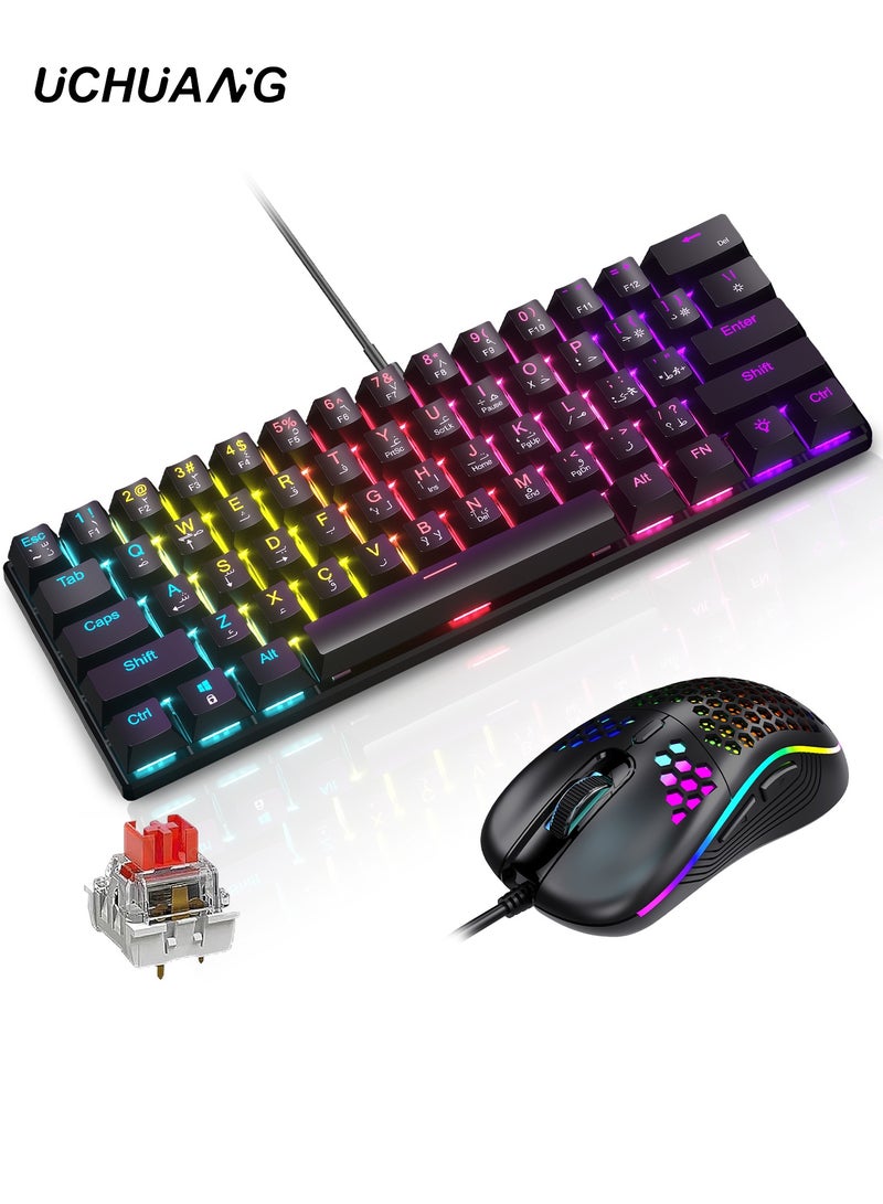 UCHUANG 60% Gaming Keyboard Red Switch and Mouse Combo, Ultra-Compact 61-Key RGB Backlit Mini Keyboard, Lightweight 7200 DPI Honeycomb Optical Mouse, RGB Wired Gaming Set for PC PS5 Xbox Gamer(Black) - Image 1