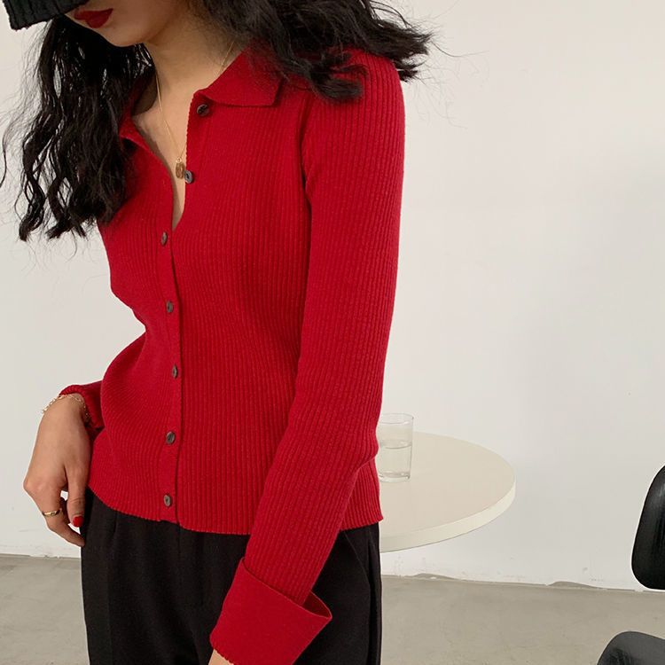 Lapel sweater womens retro solid color autumn thin short POLO collar simple cardigan outer bottoming shirt top Apricot - Image 5