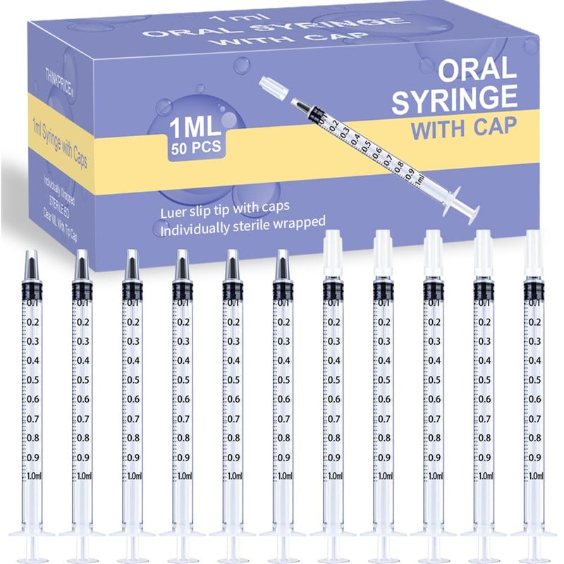 THINKPRICE 50 Pcs 1ml Syringes with Caps Oral Dispenser Individually Sterile Warpped for Medicine Dropper Colostrum Collect Feeding Pets Liquid 