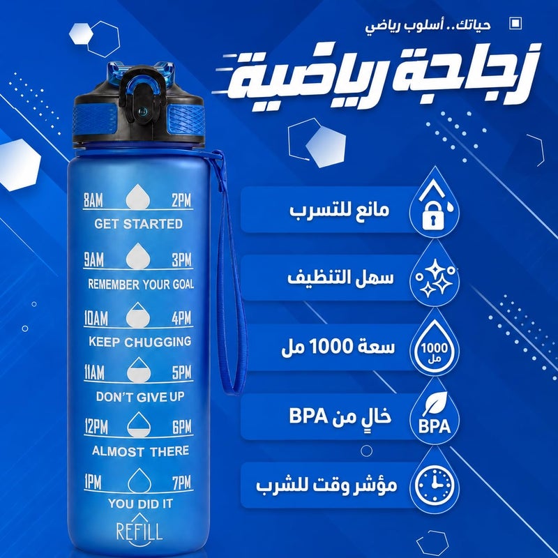 Sports Water Bottle 1l With Time Marker Leak Proof Bpa Free Drinking Bottle For Gym Office School Travel Outdoor Fitness Motivational Reusable For Kids And Adults (Blue 1) - Image 1