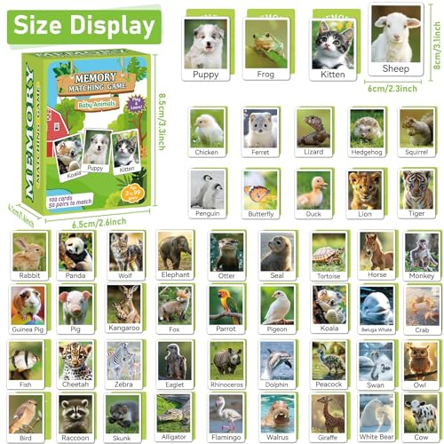 gisgfim 50 Pairs Memory Matching Game Animal Babies Concentration Memory Card Educational Game for Kids Adults A Fun Fast Baby Animals Game Toddlers Preschool Family Board Gift Matching Games - Image 5