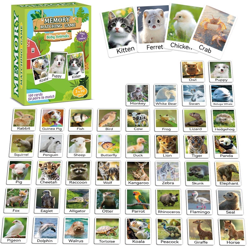 gisgfim 50 Pairs Memory Matching Game Animal Babies Concentration Memory Card Educational Game for Kids Adults A Fun Fast Baby Animals Game Toddlers Preschool Family Board Gift Matching Games - Image 3