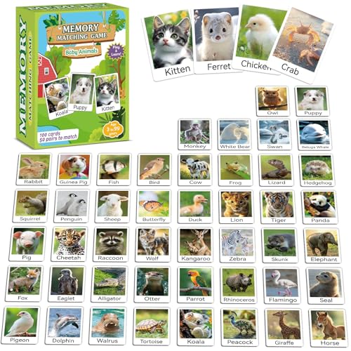 gisgfim 50 Pairs Memory Matching Game Animal Babies Concentration Memory Card Educational Game for Kids Adults A Fun Fast Baby Animals Game Toddlers Preschool Family Board Gift Matching Games - Image 1