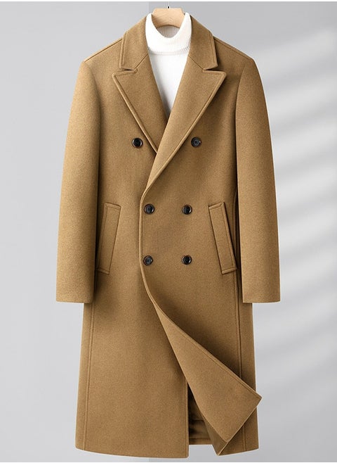 Men's Woolen Casual Trench Coat Slim Fit Suit Collar Long Jacket Overcoat with Pockets Khaki