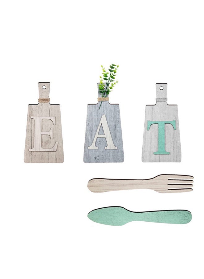 5 PCS Cutting Board Eat Sign Set Wall Decoration Hanging Wooden Letter Handicraft Signs Hanging Art Kitchen Fork and Spoon Wall Decor - Image 1