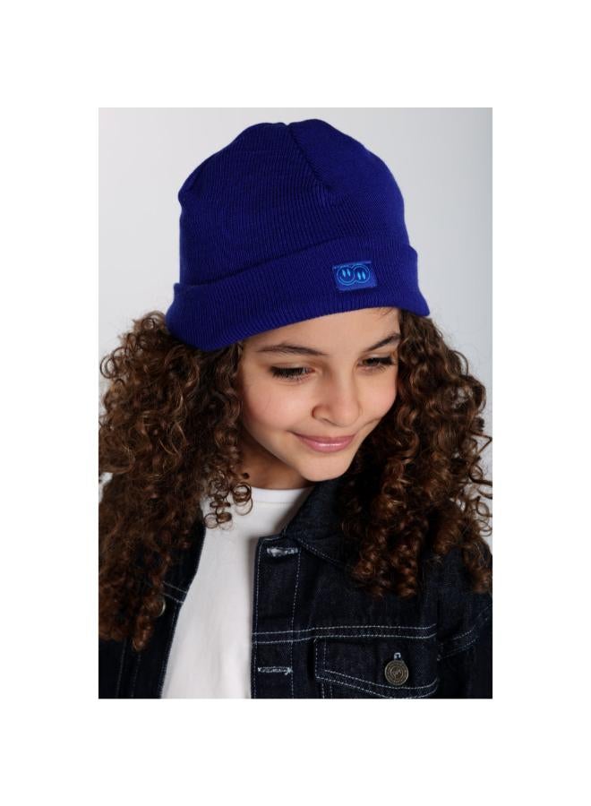 بلاي مور قبعة صوف للأطفال موحدة للاطفال – أزرق ملكي مع وجهين مبتسمين مطرّزين - Image 1