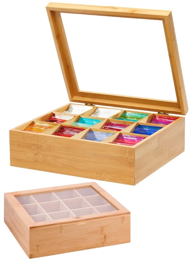 Happy Home Wooden Tea Bag Organizer – 12 Compartments with Transparent Lid to Preserve Tea Flavor and Freshness – Elegant Storage Box for Kitchen or Office to Organize Tea Bags, Coffee Capsules, Sugar, and Small Items – Rustic Stylish Design for Maintaining Order and Cleanliness – Perfect Size 28×23×10 cm - Image 1