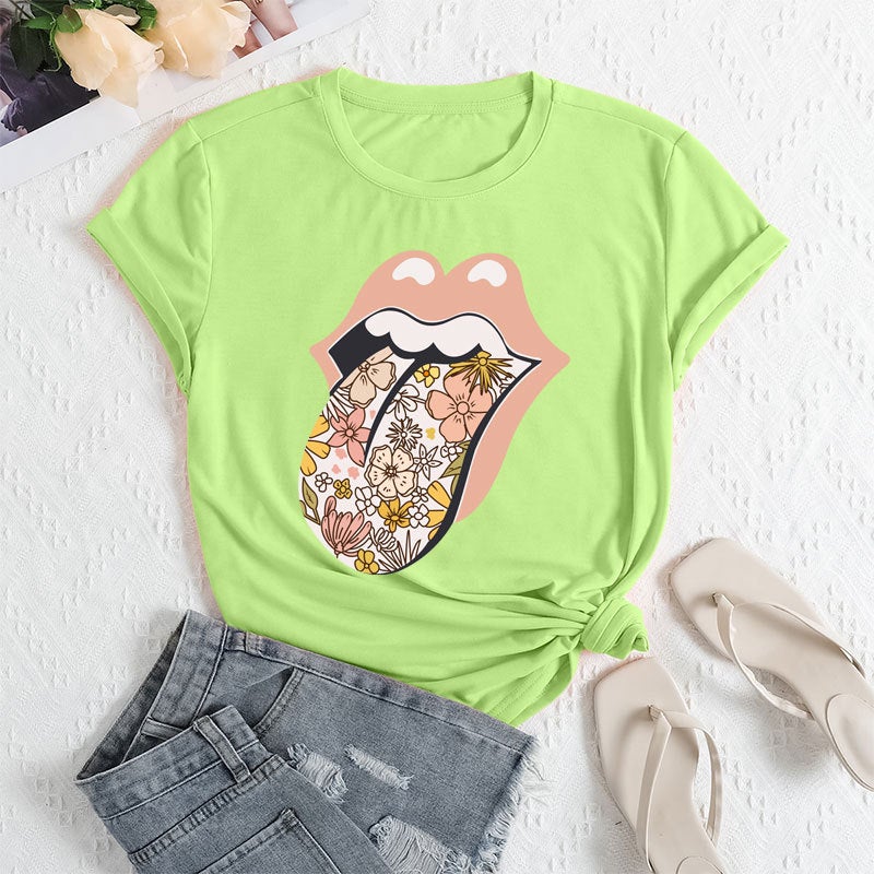 2025 Foreign Trade Womens Independent Station Temu Clothing Cross-border E-commerce ebay Amazon Lickitone Printed Polyester Ammonia T-shirt Fluorescent green 