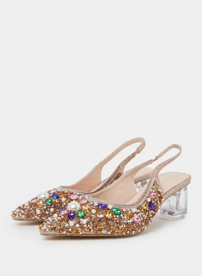 تايك تو Beige Rhinestone Pointed Toe Slingback Pumps