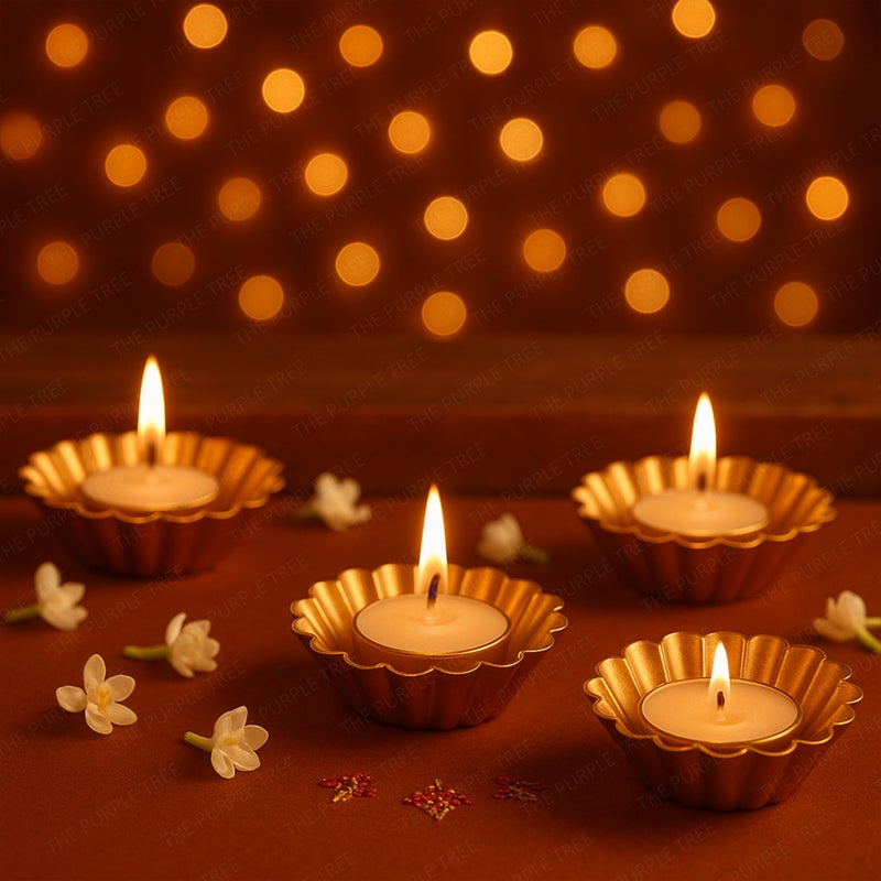 The Purple Tree Lumina Gold Tealight Candle Holders for Diwali Decoration | Pack of 4 Premium Metal DiyaTealight Holders | Festive Home Decor, Wedding, Puja, Party & Gifting, Diwali Floral Diyas - Image 5