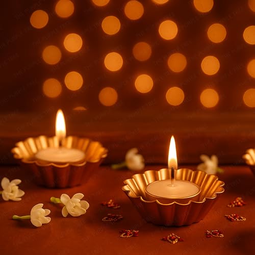 The Purple Tree Lumina Gold Tealight Candle Holders for Diwali Decoration | Pack of 4 Premium Metal DiyaTealight Holders | Festive Home Decor, Wedding, Puja, Party & Gifting, Diwali Floral Diyas - Image 3