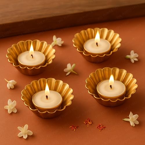 The Purple Tree Lumina Gold Tealight Candle Holders for Diwali Decoration | Pack of 4 Premium Metal DiyaTealight Holders | Festive Home Decor, Wedding, Puja, Party & Gifting, Diwali Floral Diyas - Image 2