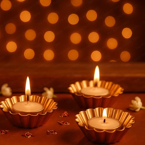 The Purple Tree Lumina Gold Tealight Candle Holders for Diwali Decoration | Pack of 4 Premium Metal DiyaTealight Holders | Festive Home Decor, Wedding, Puja, Party & Gifting, Diwali Floral Diyas - Image 4