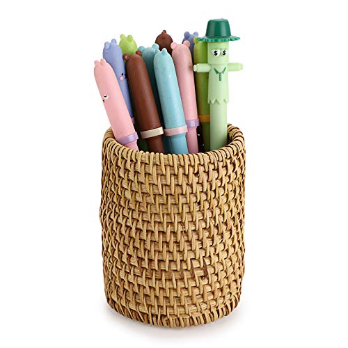 BTSKY Rattan Pen Cup, Handmade Desk Pencil Holders Makeup Brush Holder Multi-Functional Woven Basket Office&Home Desktop Organizer(Cylinder) - Image 1