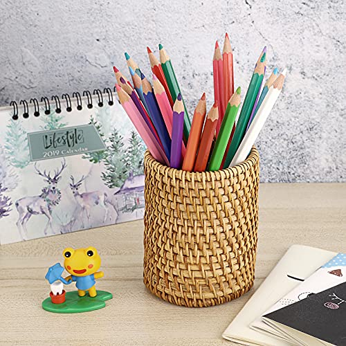 BTSKY Rattan Pen Cup, Handmade Desk Pencil Holders Makeup Brush Holder Multi-Functional Woven Basket Office&Home Desktop Organizer(Cylinder) - Image 3