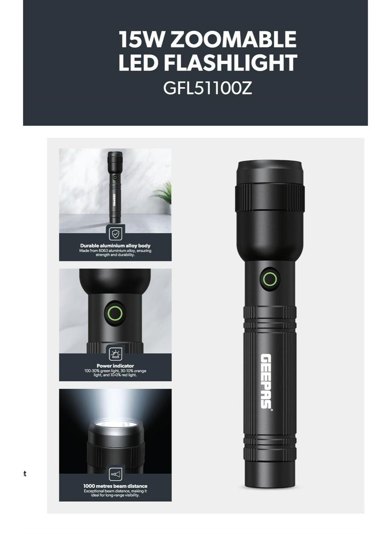 GEEPAS Zoomable Rechargeable LED Flashlight 15 W | 1000 Lumens Brightness, 2000mAh Lithium Battery, Aluminum Alloy Body & Type-C Fast Charging | Ideal For Camping, Outdoor Adventures , Emergency Use | GFL51100Z Black