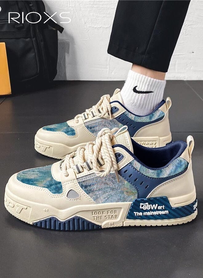RIOXS Mens Canvas Sneakers, Trendy Alphabet Print Street Skate Shoes, Men's Skateboarding Footwear, Non-Slip Laces Athlesiure Shoes, Casual Versatile Sneakers For Street Fashion Enthusiasts, Classic Platform Tennis Shoes, Low Top Canvas Sneakers For Men- Blue Trainers - Image 1
