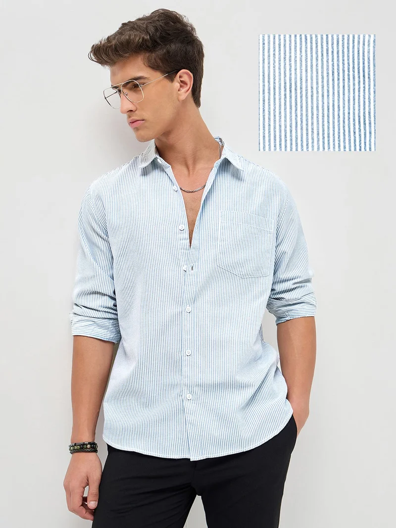 Urbano Fashion Men's Light Blue Cotton Full Sleeve Regular Fit Casual Striped Shirt