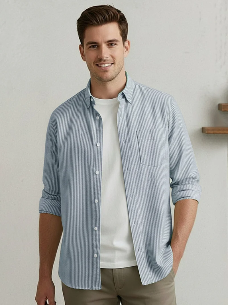 Urbano Fashion  Urbano Fashion Men's Light Blue Cotton Full Sleeve Regular Fit Casual Striped Shirt  | Best Price UAE