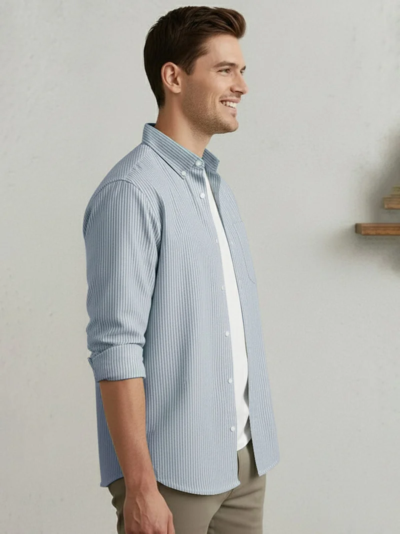 Urbano Fashion  Urbano Fashion Men's Light Blue Cotton Full Sleeve Regular Fit Casual Striped Shirt  | Best Price UAE