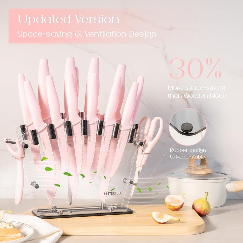 Astercook Kitchen Knife Set with Block and Sharpener 22 Piece German High Carbon Stainless Steel Knives Sharp Blade Dishwasher Safe Knife Set with Anti-slip Ergonomic Handle, Crystal Pink - Image 5