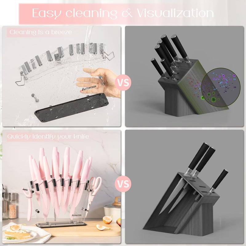 Astercook Kitchen Knife Set with Block and Sharpener 22 Piece German High Carbon Stainless Steel Knives Sharp Blade Dishwasher Safe Knife Set with Anti-slip Ergonomic Handle, Crystal Pink - Image 4