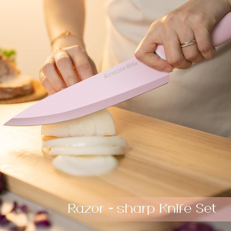Astercook Kitchen Knife Set with Block and Sharpener 22 Piece German High Carbon Stainless Steel Knives Sharp Blade Dishwasher Safe Knife Set with Anti-slip Ergonomic Handle, Crystal Pink - Image 2