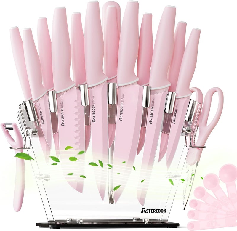 Astercook Kitchen Knife Set with Block and Sharpener 22 Piece German High Carbon Stainless Steel Knives Sharp Blade Dishwasher Safe Knife Set with Anti-slip Ergonomic Handle, Crystal Pink - Image 1