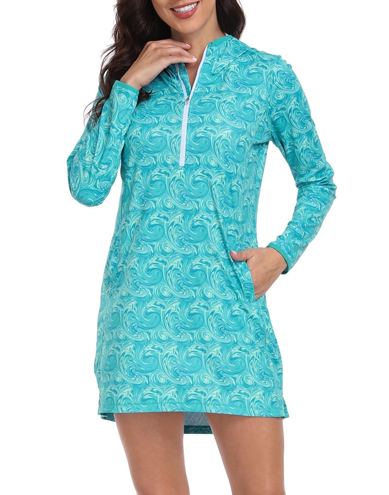 HDE Beach Coverups for Women UPF 50 Long Sleeve Swim Cover Up Dress with Hood Quick Dry Sun Protection Tunic with Pockets Ocean Swirl - L - Image 4