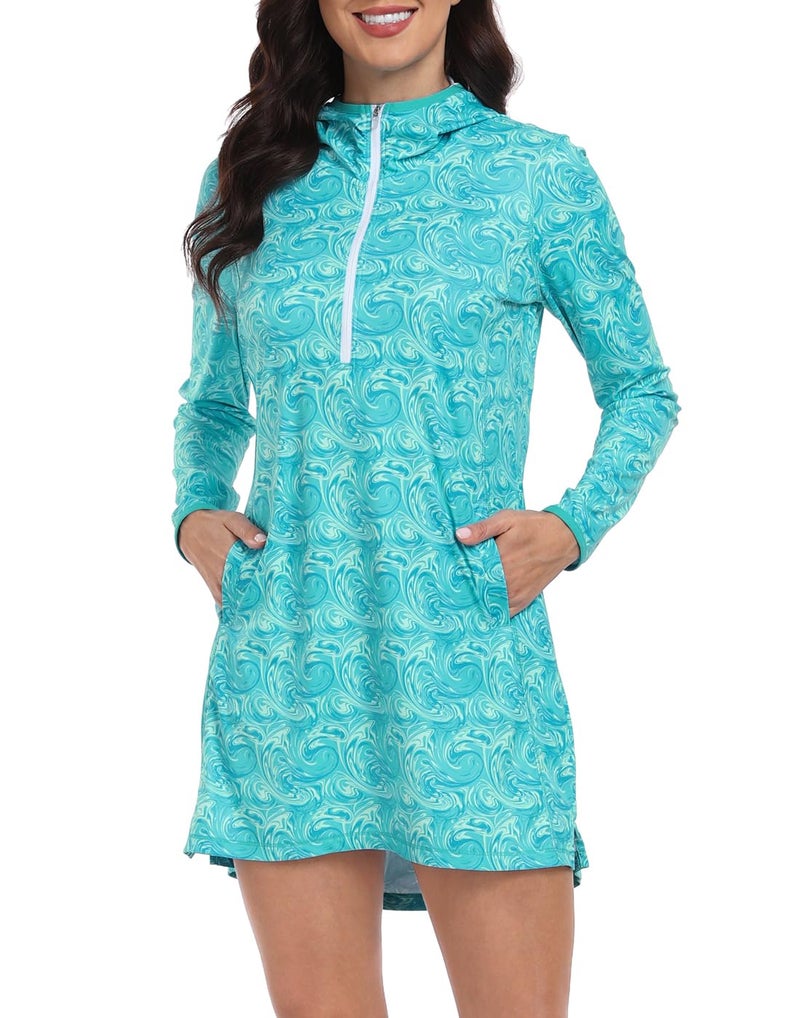 HDE Beach Coverups for Women UPF 50 Long Sleeve Swim Cover Up Dress with Hood Quick Dry Sun Protection Tunic with Pockets Ocean Swirl - L - Image 1
