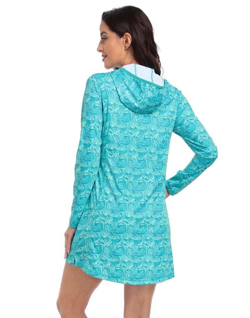 HDE Beach Coverups for Women UPF 50 Long Sleeve Swim Cover Up Dress with Hood Quick Dry Sun Protection Tunic with Pockets Ocean Swirl - L - Image 5